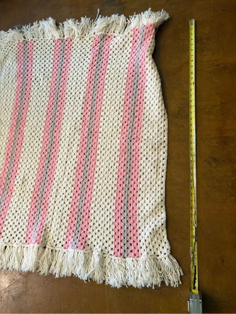 Handmade Cream and Pink Crochet Fringe Throw Blanket by